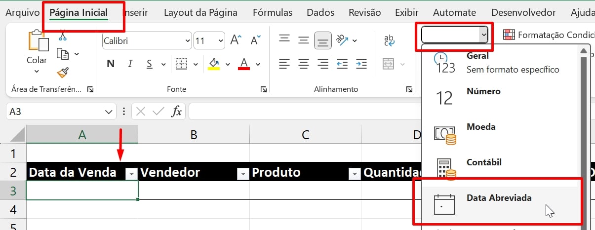 Planilha de Vendas no Excel, exemplo formato