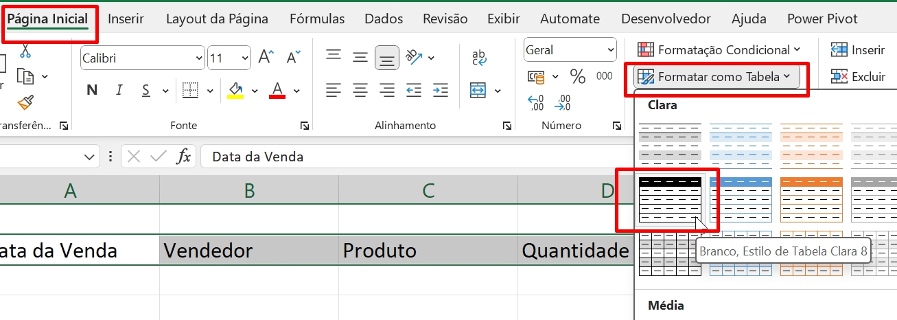 Planilha de Vendas no Excel, página inicial