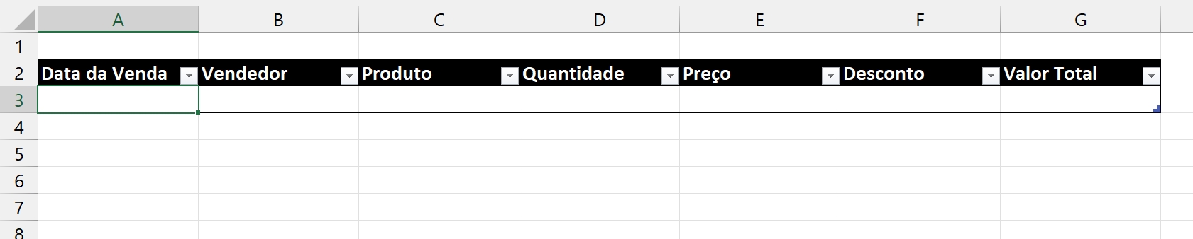 Planilha de Vendas no Excel, tabela