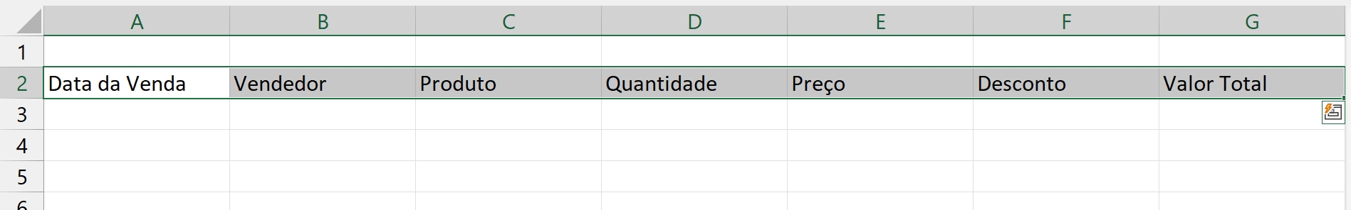 Planilha de Vendas no Excel, títulos
