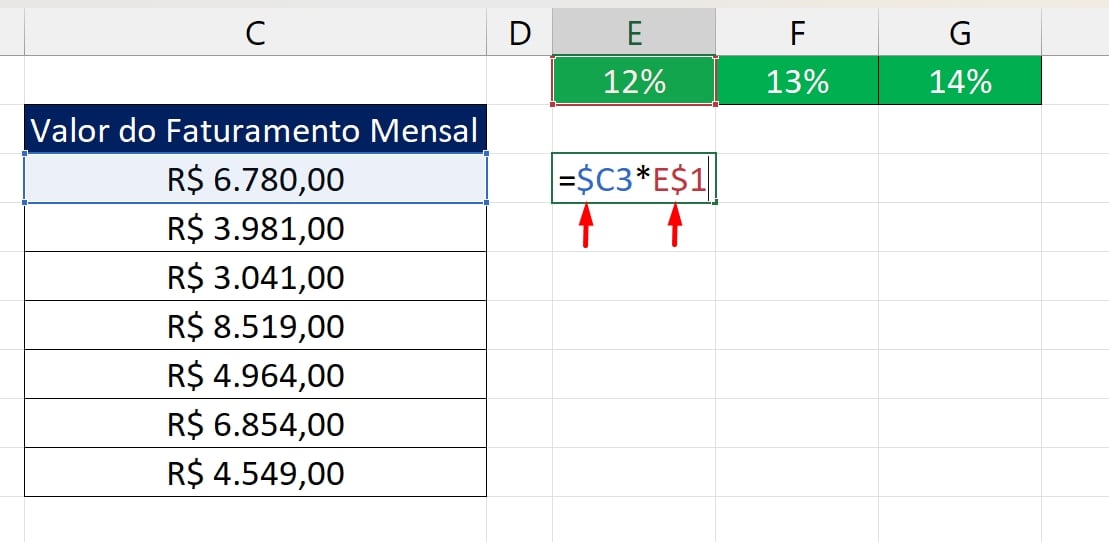 Travar Fórmula no Excel, linha e coluna