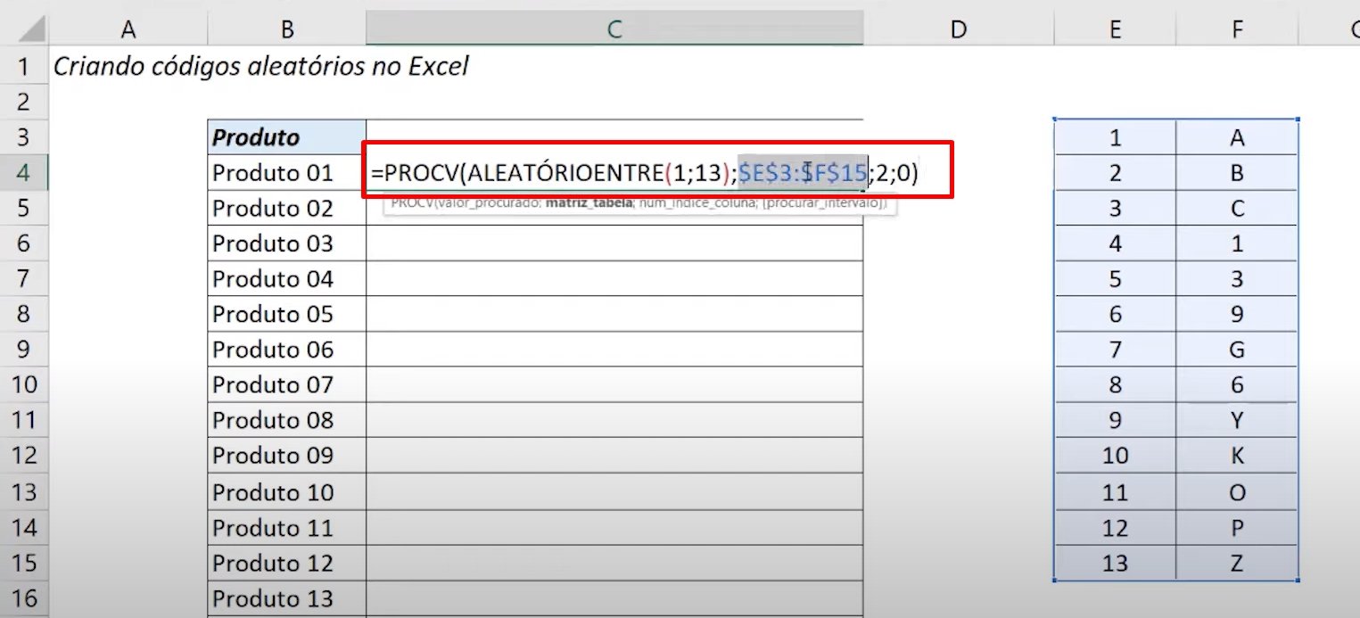 Códigos Aleatórios no Excel, procv