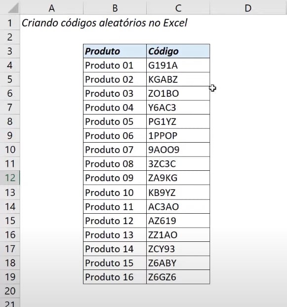 Códigos Aleatórios no Excel