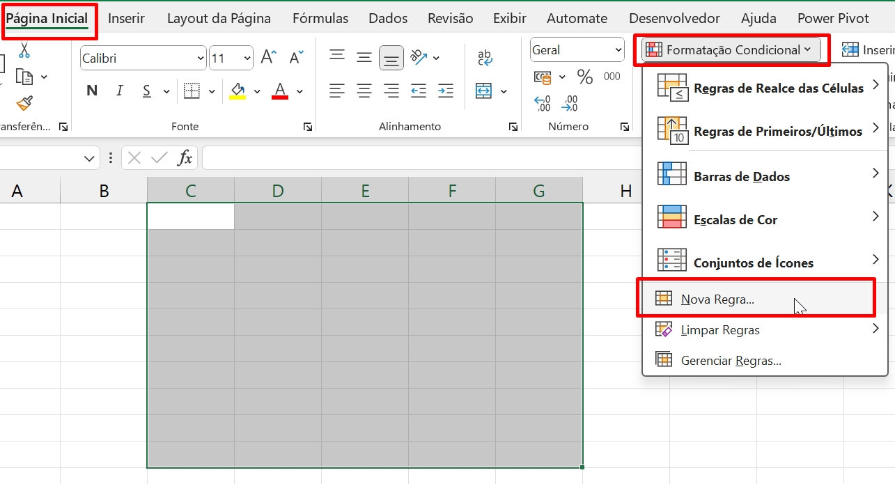 Coluna no Excel, formatação condicional