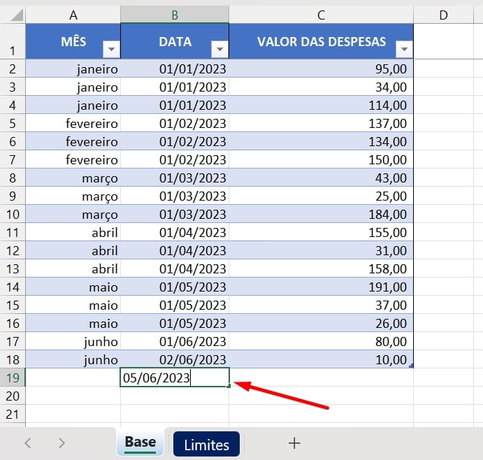 Limite Mensais de Gastos no Excel, datas