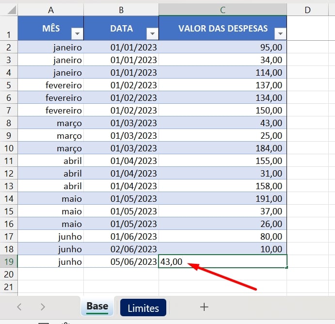 Limite Mensais de Gastos no Excel, valor