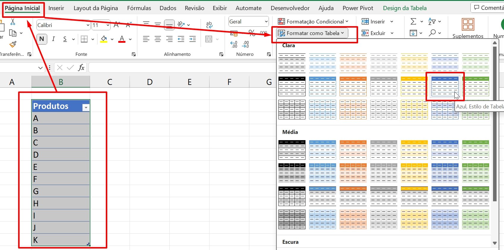 Lista Suspensa no Excel, formatar como tabela