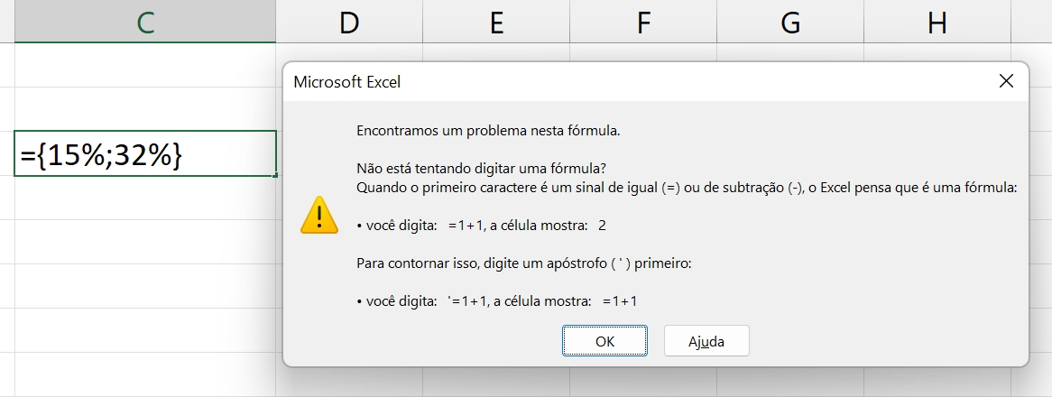Matriz Entre Chaves { } no Excel, erro