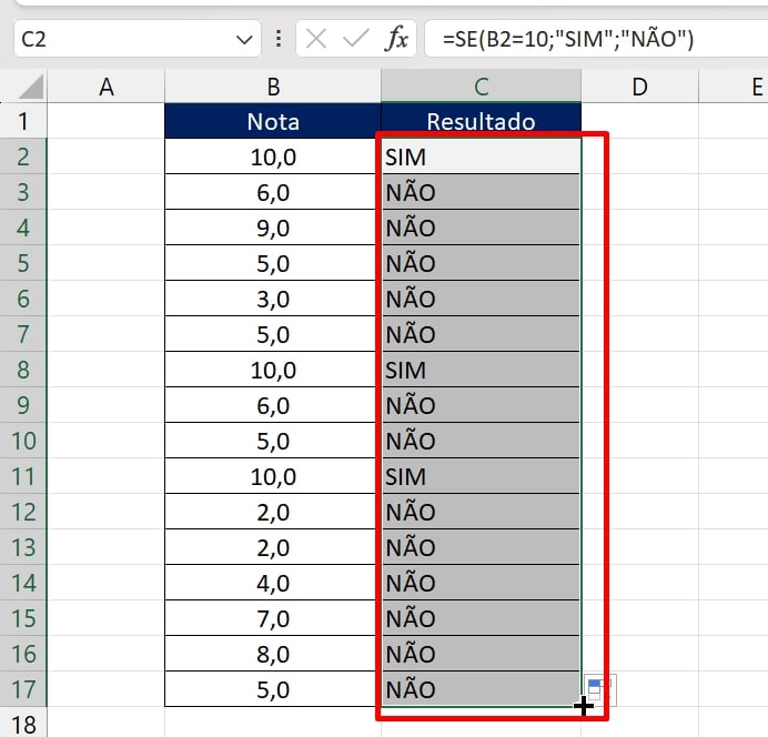 Operador de Negação no Excel, resultado função se
