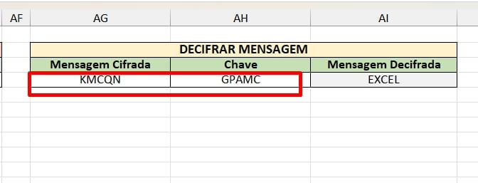 Tábula Recta (Cifra de Vigenère) no Excel, decifrar