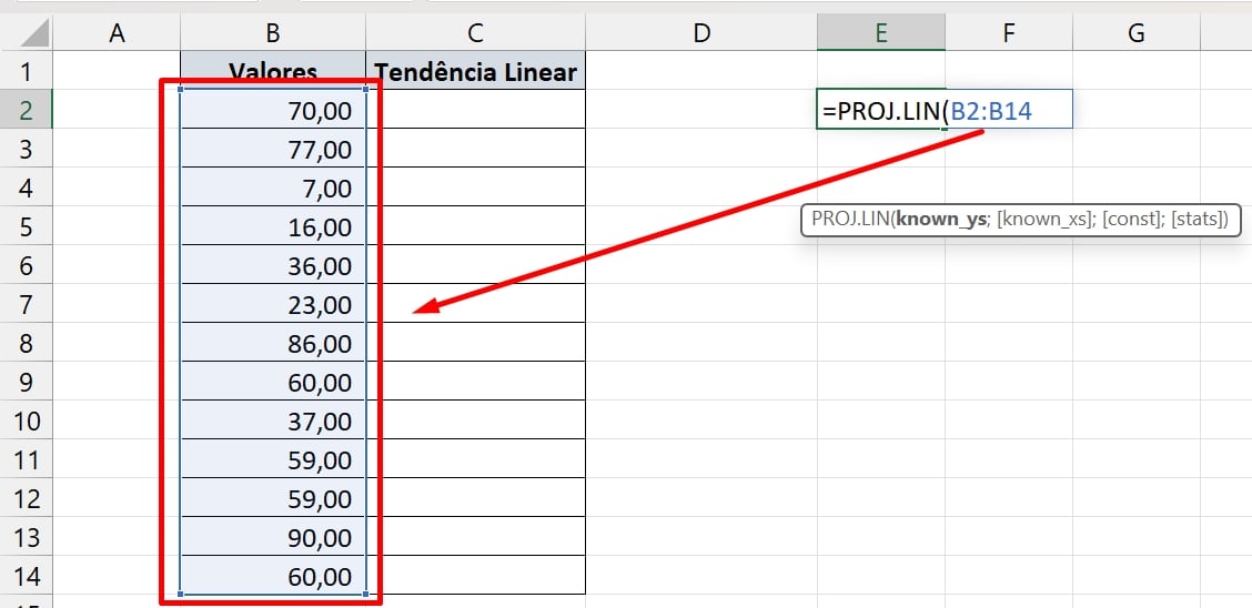Tendência Linear no Excel, proj.lin