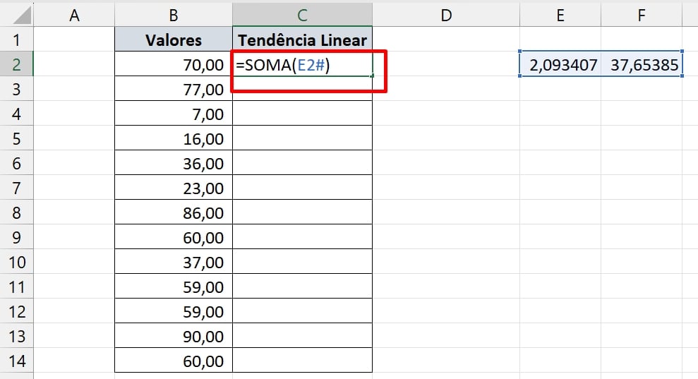 Tendência Linear no Excel, soma