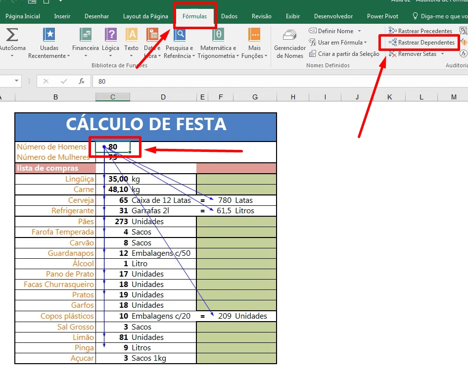 Auditoria de Fórmulas no Excel, dependentes