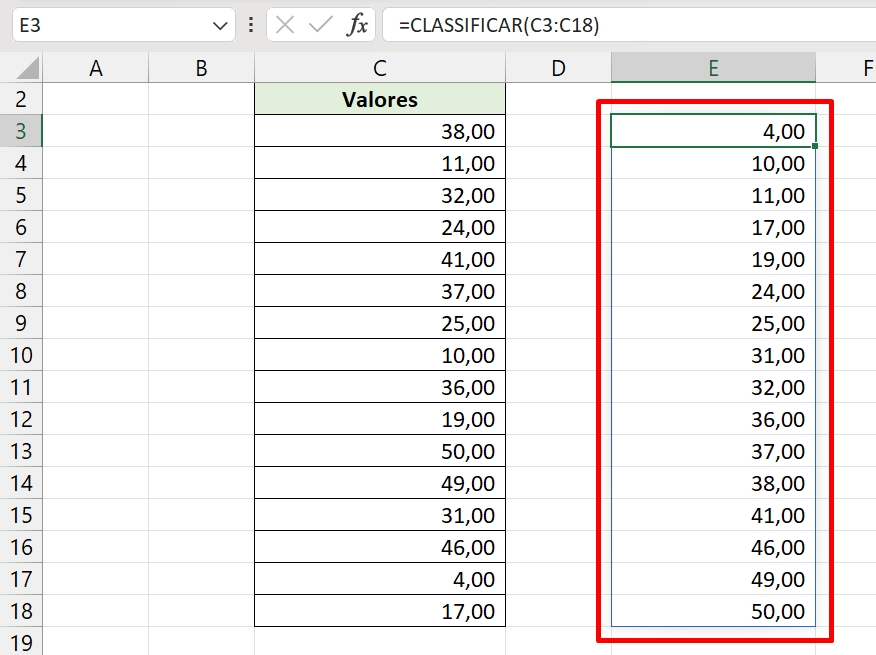 Classificar Valores no Excel 365, resultado função classificar
