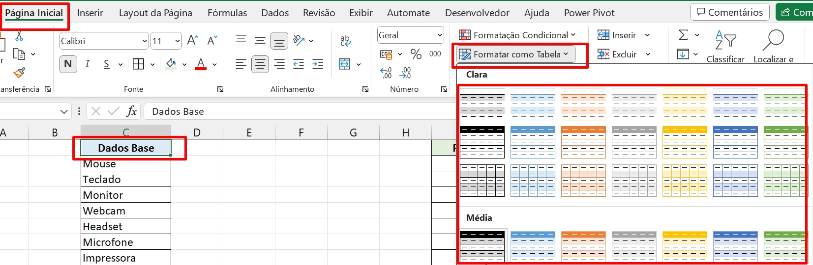 Coluna Dinâmica no Excel 365, formatar como tabela