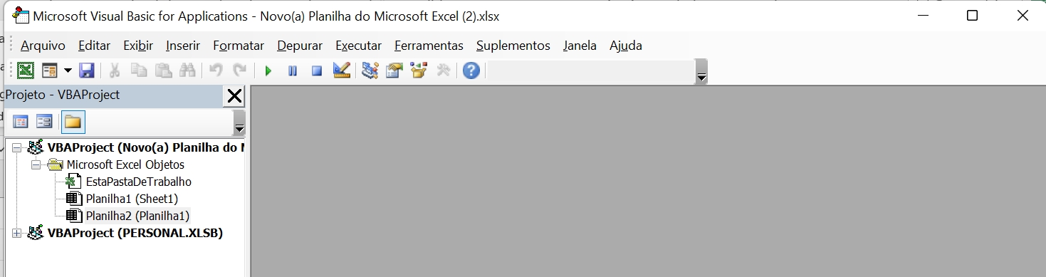 Criar Variáveis no Excel e VBA tela do vba