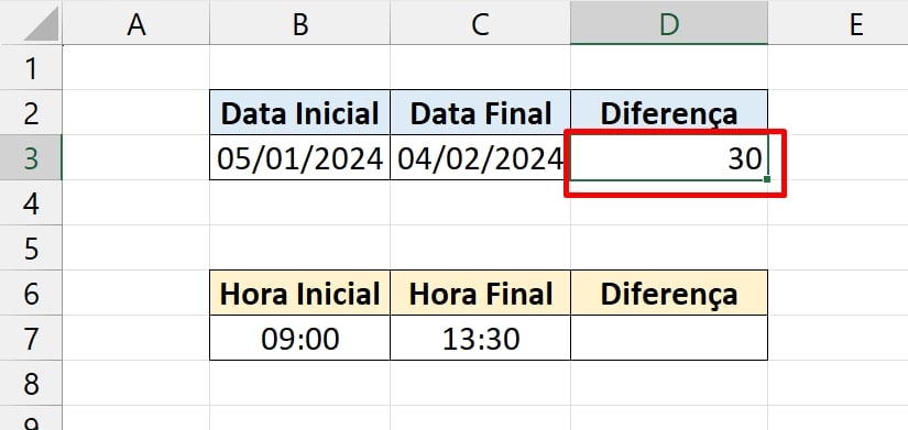 Diferença de Datas e Horas no Excel, resultado diferença entre datas