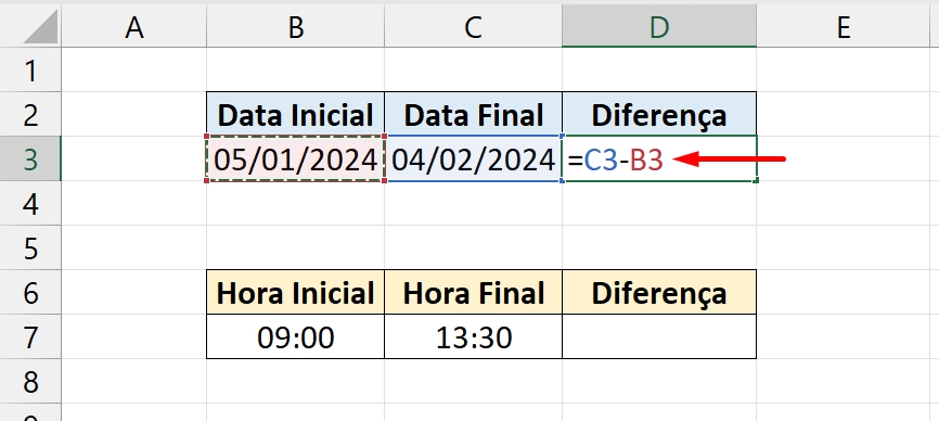 Diferença de Datas e Horas no Excel, subtração de datas