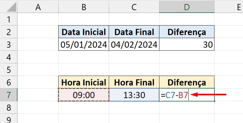 Diferença de Datas e Horas no Excel, subtração de horas