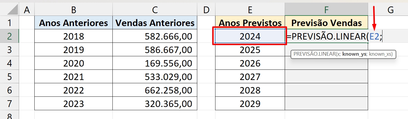 Função PREVISÃO.LINEAR no Excel, primeiro ano