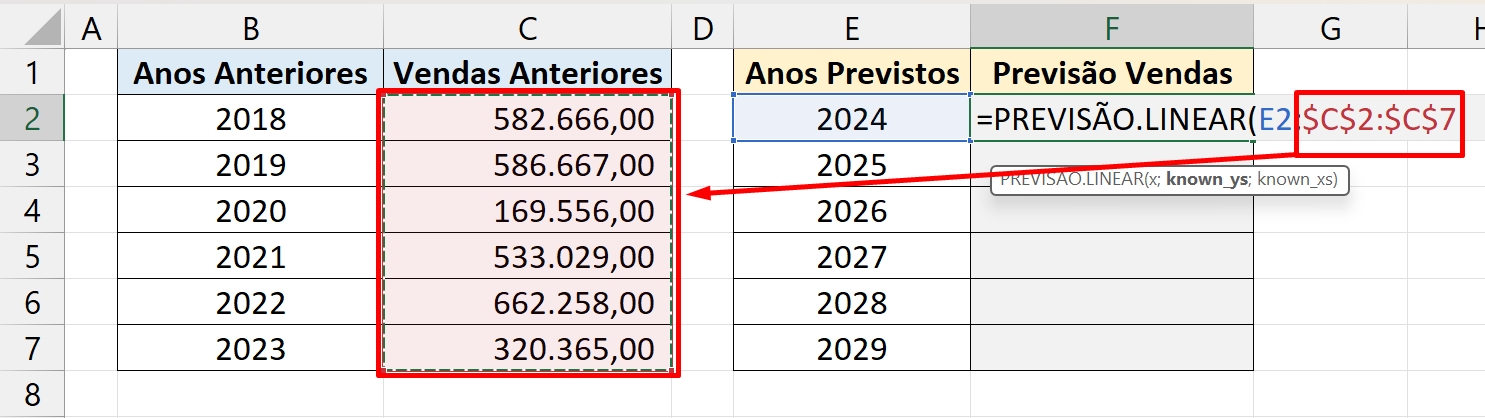 Função PREVISÃO.LINEAR no Excel, valores