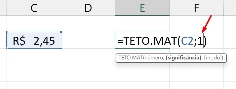 Função TETO.MAT, valor 1