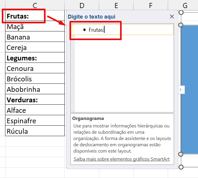Organograma no Excel, primeiro item