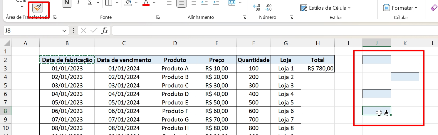 Pincel de Formatação no Excel, dois cliques