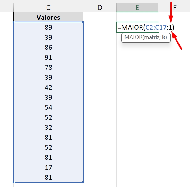 Valor Máximo no Excel, primeiro valor