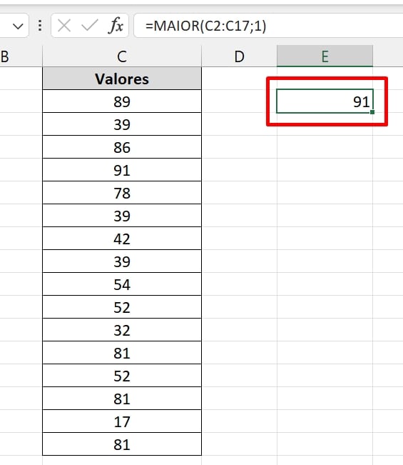 Valor Máximo no Excel, resultado função maior