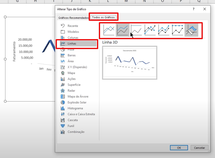 Criar Gráficos no Excel, gráfico de linhas