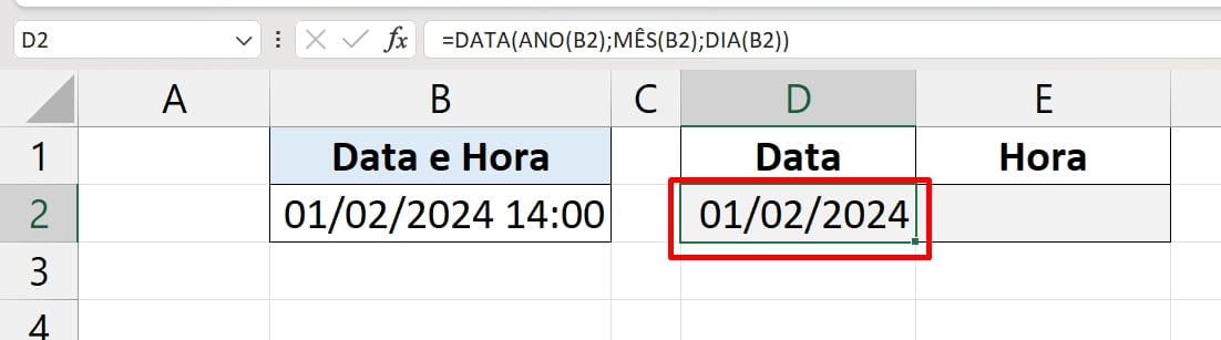 Separar Data e Horas no Excel, resultado data