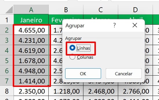 Agrupar Colunas no Excel, agrupar linhas
