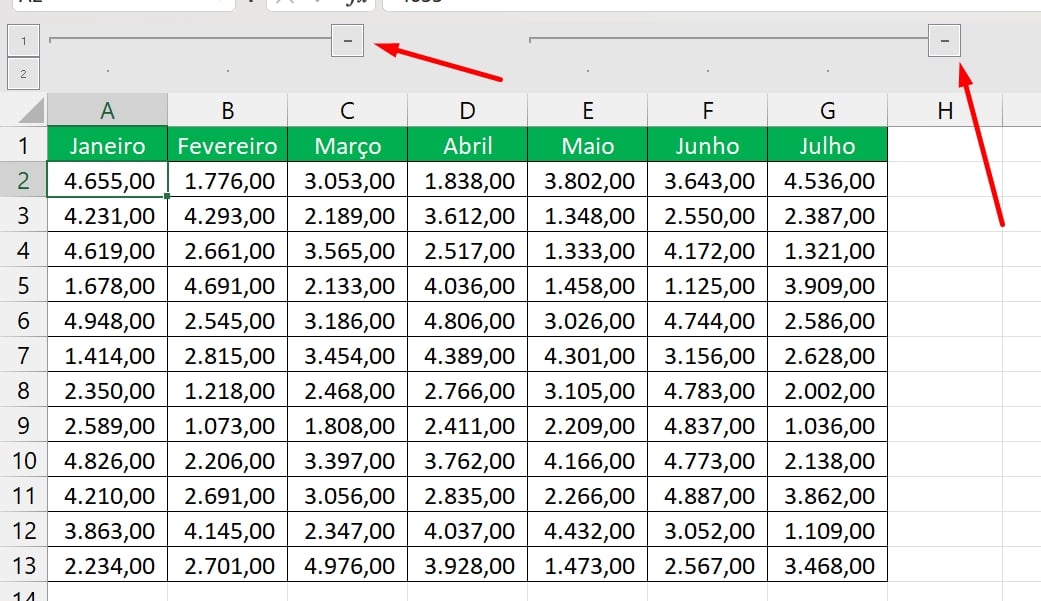 Agrupar Colunas no Excel, botões