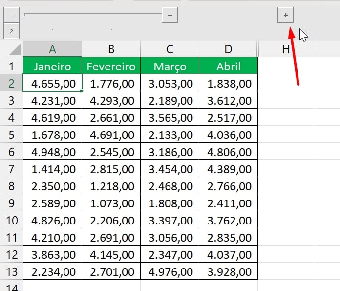 Agrupar Colunas no Excel, colunas ocultas