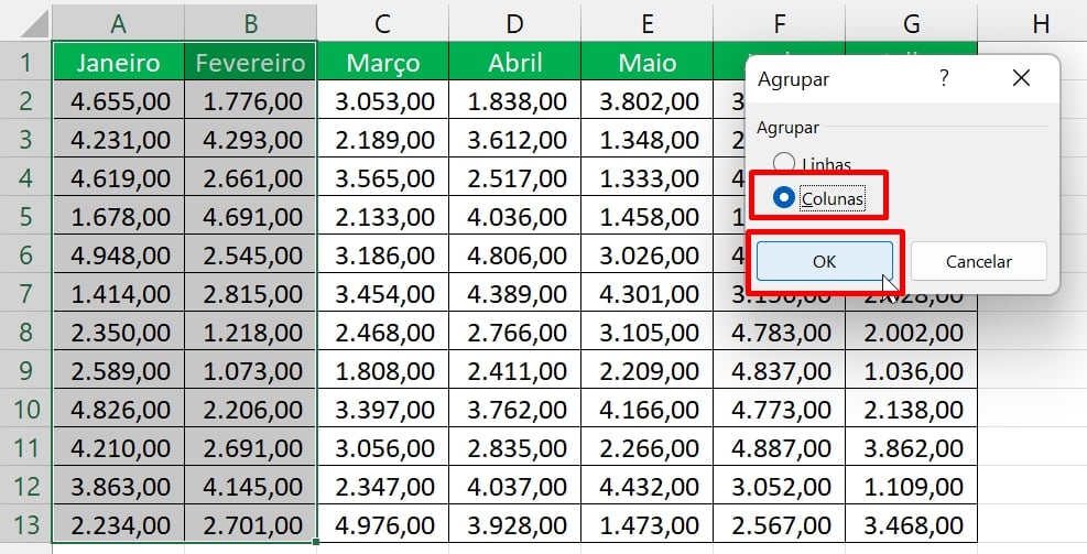 Agrupar Colunas no Excel, colunas