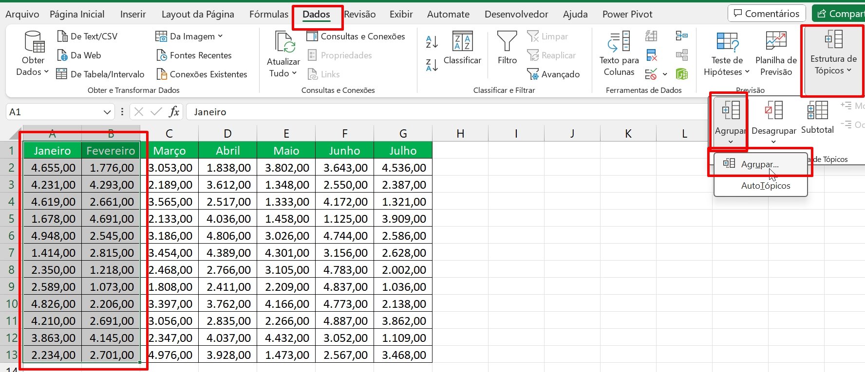 Agrupar Colunas no Excel, seleção de meses