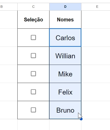 Caixa de Seleção no Google Planilhas, selecionar os nomes