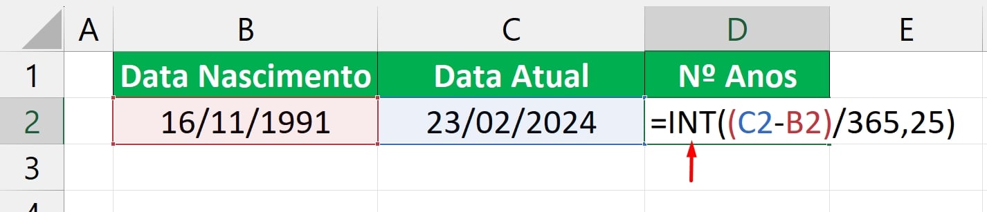 Calculando Idade no Excel, função int