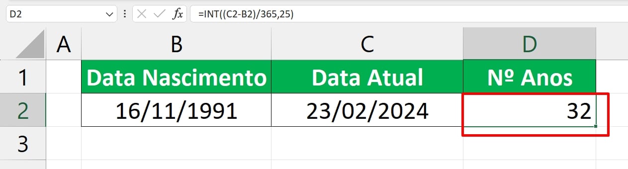 Calculando Idade no Excel, resultado do cálculo
