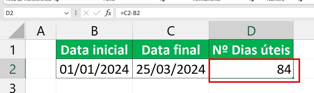Calcular Dias Úteis no Excel, resultado do cálculo contando com finais de semana e feriados