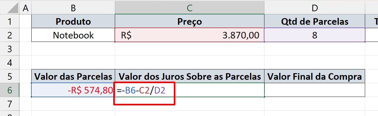 Calcular Juros Compostos no Excel, fórmula juros sobre as parcelas