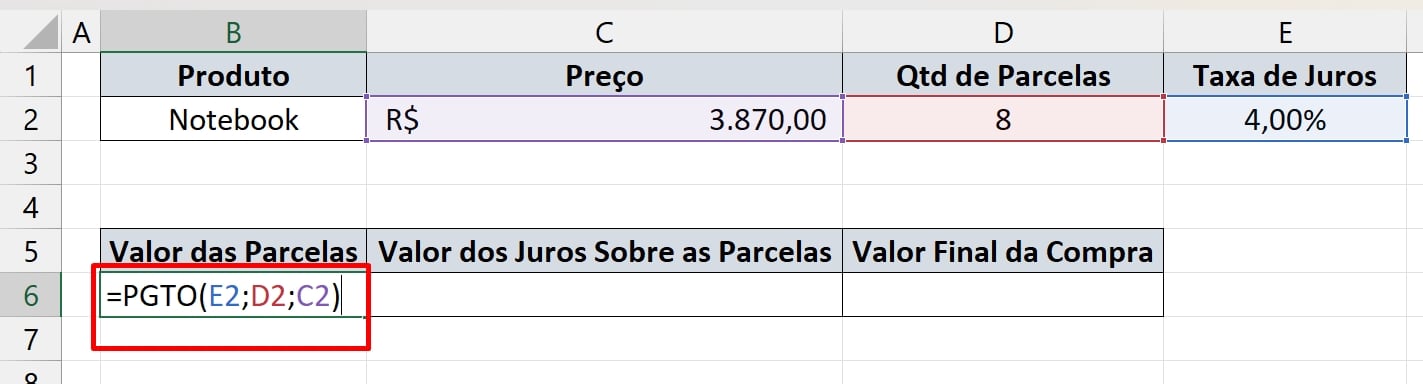 Calcular Juros Compostos no Excel, função PGTO