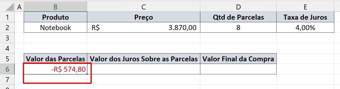 Calcular Juros Compostos no Excel, resultado PGTO