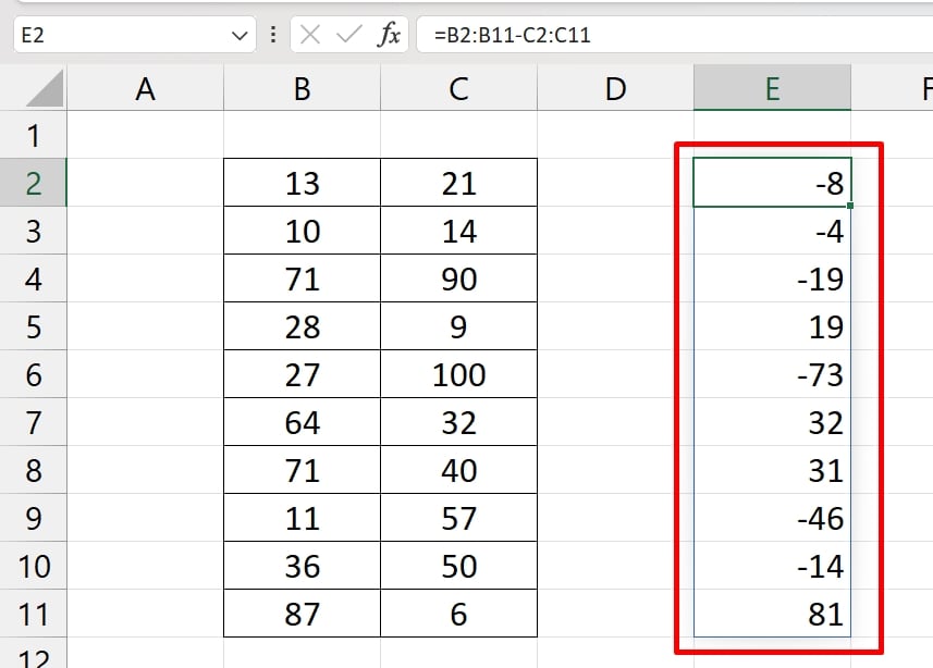 Conta de Menos no Excel, resultado subtração entre colunas