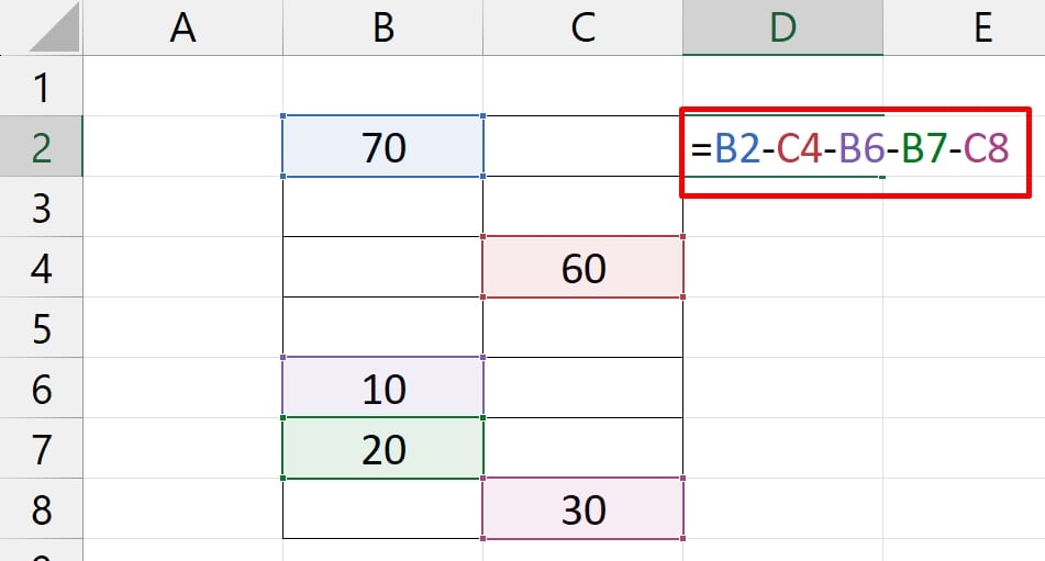 Conta de Menos no Excel, subtrair valores separados