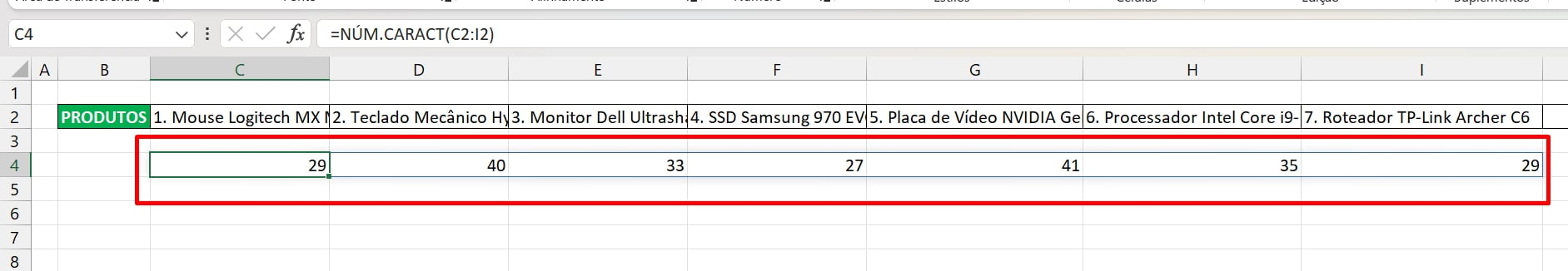Contar Caracteres no Excel, resultado em linhas
