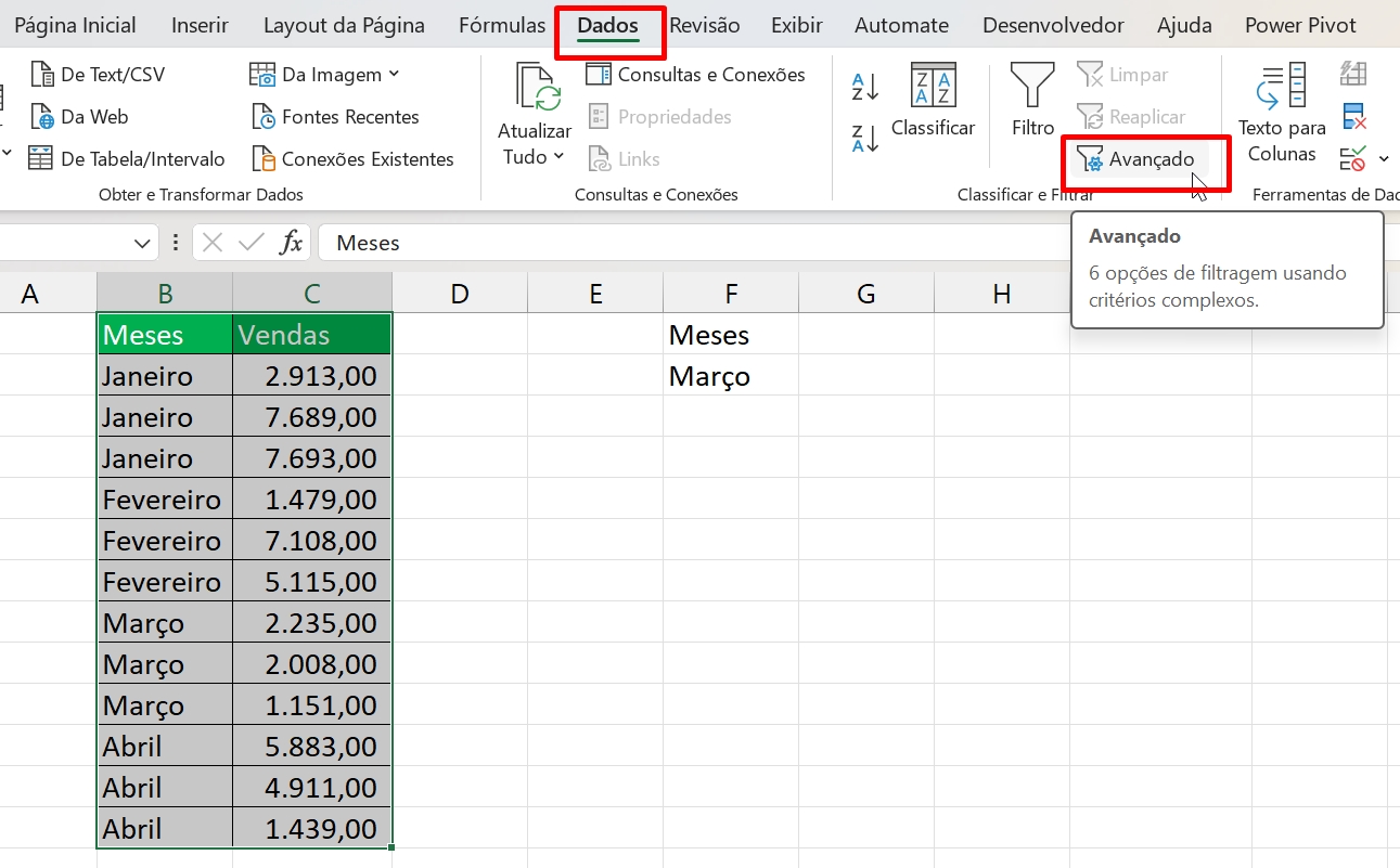 Filtro no Excel, filtro avançado