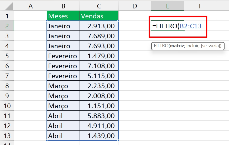 Filtro no Excel, intervalo da tabela