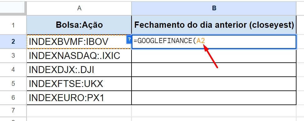 Google Finance no Google Sheets, indicar código da bolsa
